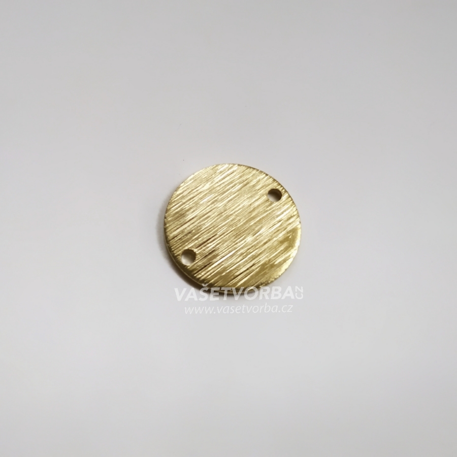 Zakázkově gravírované zlaté mosazné texturované kolečko 15 mm, 2x DÍRKA, 10 kusů