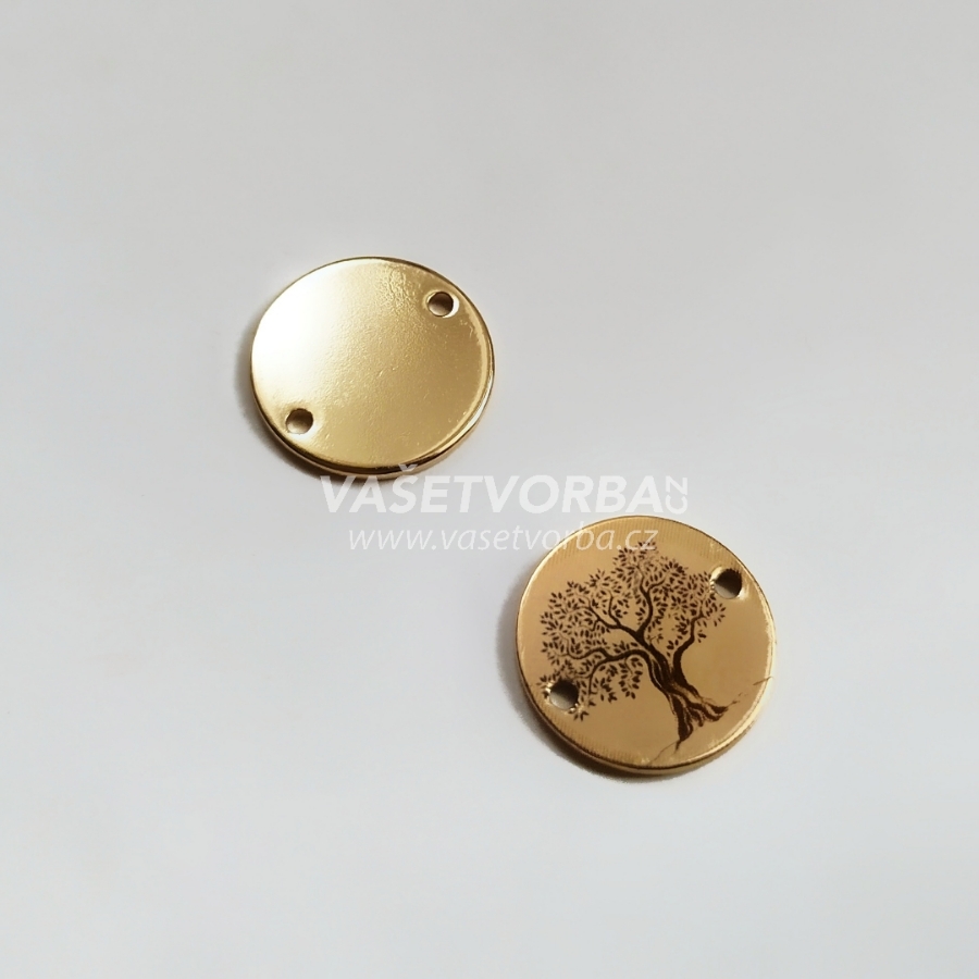 Zakázkově gravírované zlaté mosazné polomatné kolečko 15 mm, 2x DÍRKA, 10 kusů,