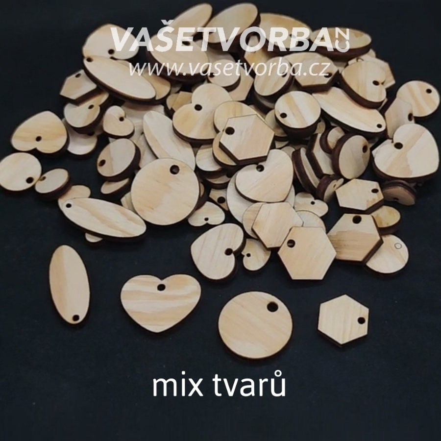 Mix tvarů S DÍRKOU z dřevěné překližky / BOROVICE /100 kusů